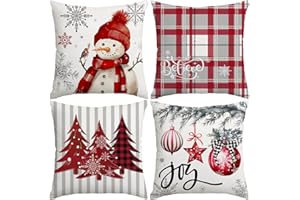 Miaikoe Weihnachtskissenbezüge 40x40 cm Set von 4, Dekorative Bauernhaus Schneemann Freude Glauben Weihnachtsbaum rote Kissenbezüge für Winter Holiday Home Decor Dekoration