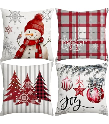 Bonhause Merry Christmas kussenhoezen 45 x 45 cm, kerstbomen, ballen, dennenbladeren, kegels, decoratieve kussenhoezen voor bank, bed, thuis, winter, vakantie, decoratie, set van 4