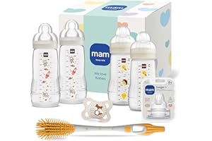 MAM Easy Active Baby Bottle-Set | 0+ Mon | Babyflaschen-Set für Neugeborene | 94% Akzeptanz | stillfreundlich | 4 Trinkflaschen, 1 Original Schnuller, 1 Sauger & 1 Soft Brush | beige
