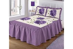 QM-Bedding® Designer Luxuries Luxury Floral and Stripes Design Quilted Bed Spreads With 23" Deep Frill NZ (Rosaleen Lilac/Purple, Double)