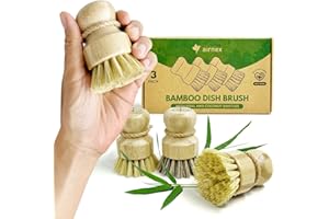 AIRNEX Bamboo Dish Brush Set of 3, 100% Plant-Based Washing Up Brushes for Kitchen with Sisal and Coconut Bristles, 2 Brush Types, No Scratch Wooden Dish Brush - Quick-Drying Odour Free Scrubbing Brushes
