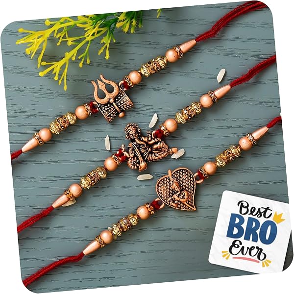 eCraftIndia Set of 3 Red & Golden Trishul with Damru, Lord Ganesha, & Lord Krishna Playing Flute Religious Rakhis with Roli Chawal Pack and Best Bro Ever Fridge