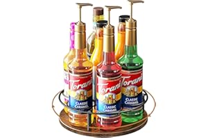Nuovoware Support Rotatif 7 Bouteilles Sirop Café, Support en Acier au Carbone avec Base en Bois Support pour Bouteilles de Sirop de Café pour Sirops Aromatisés Thermos Liquor de Table, Noir+Marron