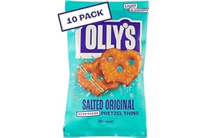 OLLY'S OLIVES Olly's Pretzel Thins, Original Salted, 35g (Pack of 10), Handy Snack Pouches, Healthy Plant-Based Vegan Snacks for Dipping, Low Calorie Snacks, Low Fat, Source of Fibre, No Preservatives