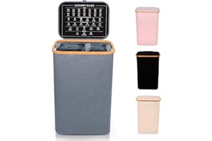 Nest Zest 100L Double Laundry Basket with Lid, 2 Compartments to Sort Washing, Hamper Laundry Bin with Care Guide & 2 Removable Inner Bags, Dirty Clothes Basket with Bamboo Rim Oxford Fabric (Grey)