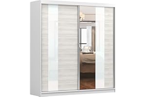 Fabryka Mebli Idźczak Schiebetürenschrank, eleganter Kleiderschrank Schrank Garderobe Spiegel Multi Multi 32 200 cm, Schlafzimmer- Wohnzimmerschrank Schiebetüren Modern Design (Weiß/Kathult)