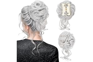 SEGOHAIR Messy Bun Hair Piece Claw Synthetic Tousled Hair Bun,Elastic Hair Donuts for Buns Scrunchy Fluffy Natural Curly Hair Scrunchies for Women Easy Bun Hairpiece Silver Grey