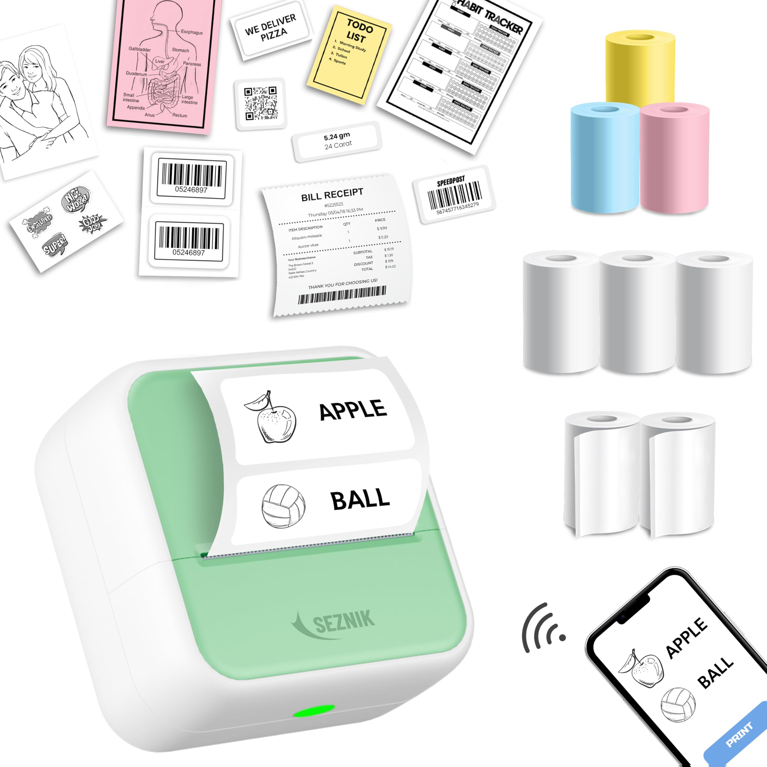 SEZNIK Mini Printer, Inkless, Thermal, Bluetooth, Portable Printer, Compatible Android, iOS Mobile. 1 Year Warranty (MiniX-Green)