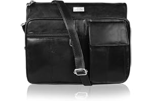 Quenchy London Ladies Real Leather Handbag - Cross Body Shoulder Hand Bag with 6 Pockets – Large Phone Holder – Single Adjustable Across Chest Strap - Designer Satchel Side Style - QL189K Black