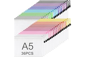 ASelected Lot de 36 enveloppes avec fermeture éclair A5, 12 couleurs transparentes sacs de fichier maille, imperméable à l'eau enveloppe porte-documents avec fermeture éclair, pochettes zippées pour
