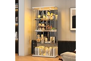 BPKADHY Vitrina de cristal de 4 capas, vitrina de cristal, iluminación LED, cerradura y 2 puertas, vitrina de coleccionista con pared trasera de espejo para coleccionables, armario de salón y libros