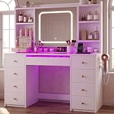 Heybly Makeup Vanity with LED Mirror 3 Colors and Plugs HBDT001WT | Large White Vanity with RGB, 9 Drawers, 7 Shelves, Glass