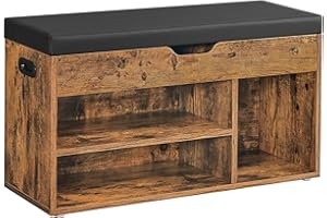 VASAGLE Banc à Chaussures Rembourré, Banc de Rangement, Rangement Caché, Étagères, Meuble d'Entrée, Capacité de Charge 136 kg, 30 x 80 x 44 cm, Marron Rustique et Noir d’Encre LHS30BX