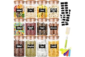 TEGOVE Set di 12 Barattoli Vetro con Coperchio in Bambù,430ml/ 750ml Barattoli Cucina con Coperchio di Bambù,Ermetici per Alimenti,Ideali per la Conservazione di Prodotti Secchi,Spezie,Tè,Noci ecc