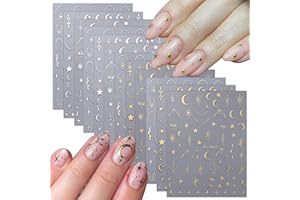 JMEOWIO 12 Sheets Gold Silver Moon Star Nail Art Stickers Decals Self-Adhesive Nail Supplies Design Decoration Accessories