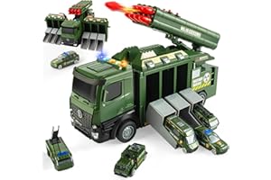 KADAYAYA Army Vehicles Toys,32cm Military Truck Toy with 8 Missile, Military Vehicles Toy Set with Sound & Light,6 Die Cast Vehicles,Army Truck Toys Gift for 3 Years Old Kids and Above