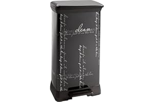 CURVER Poubelle Rectangulaire à pédale Decobin 50L - Fermeture Douce - Aspect Métal - Pour Cuisine, Bureau, Salle de Bain - 39 x 29 x 72 cm - Noir, Décor Calligraphie - Recyclé