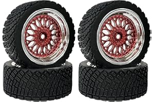 KINGCOO Juego de 4 neumáticos y ruedas de coche Rally, de 65 mm, con revestimiento de plástico, para Tamiya WR8 HPI HSP TT02 (rojo y plateado)