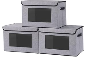YheenLf 3 StüCk Aufbewahrungsboxen Stoff, Faltbare Aufbewahrungsbox, Boxen mit Deckel Aufbewahrung, Ordnungsboxen, Schrank Organizer mit Fenster, Grau, 33x23x20cm
