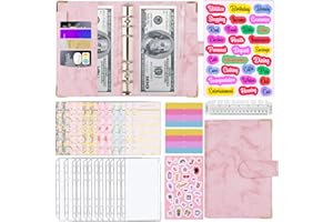 Budget Binder A6, AOTUAO 30pcs Leather Notebook Budget Binder with Cash Envelopes for Budgeting, Budget Binder with Zipper Envelopes, Money Organizer for Cash, Budget Sheets/Label Stickers-Pink Marble
