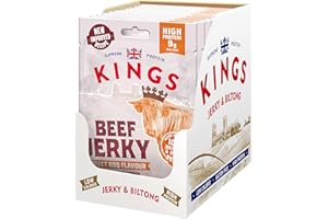 Kings - Beef Jerky - Sweet BBQ Flavour - High Protein Snacks, Marinated and Cooked Meat - Bulk Box of 12 x 25 g Packs