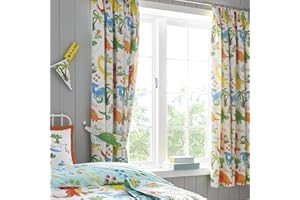 Happy Linen Company Girls Boys Kids Cute Dinky Dinosaurs White 66" x 54" Ring Track Pole Fully Lined Thermal Blackout Pencil Pleat Curtain Set