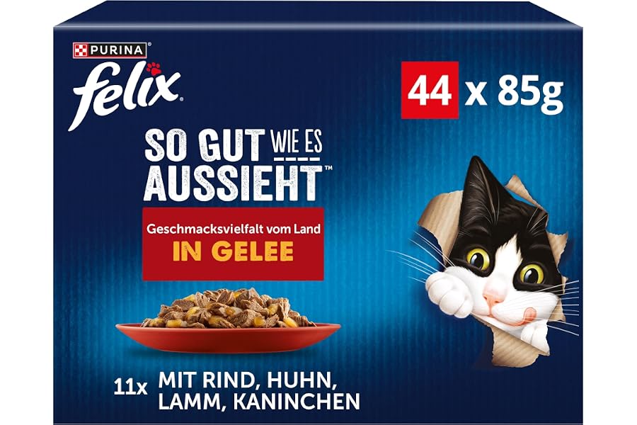 FELIX So gut wie es aussieht Nassfutter für Katzen Geschmacksvielfalt vom Land Vorteilspack, 44 praktische Portionsbeutel, za