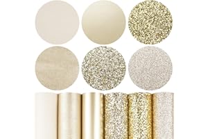 6 Pieces/Set 8x12 Inch (21cm x 30cm) A4 Bundle Leather Sheets Mixed Gold Series Sparkle Fine Chunky Glitter Patent Metallic Litchi Faux Leather Fabric for Bow Earring Making DIY Craft