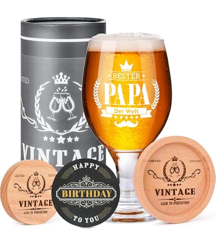 Personalisiertes Bierglas 'Super Papa' 0,5 Liter Mit Bambusuntersetzer – Perfekt Als Geschenk Zu Vatertag, Weihnachten & Geburtstag