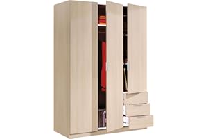 Habitdesign Armario Ropero 3 Puertas 3 Cajones, 121x180x52 (AnchoxAltoxFondo-en Cm), Color Roble