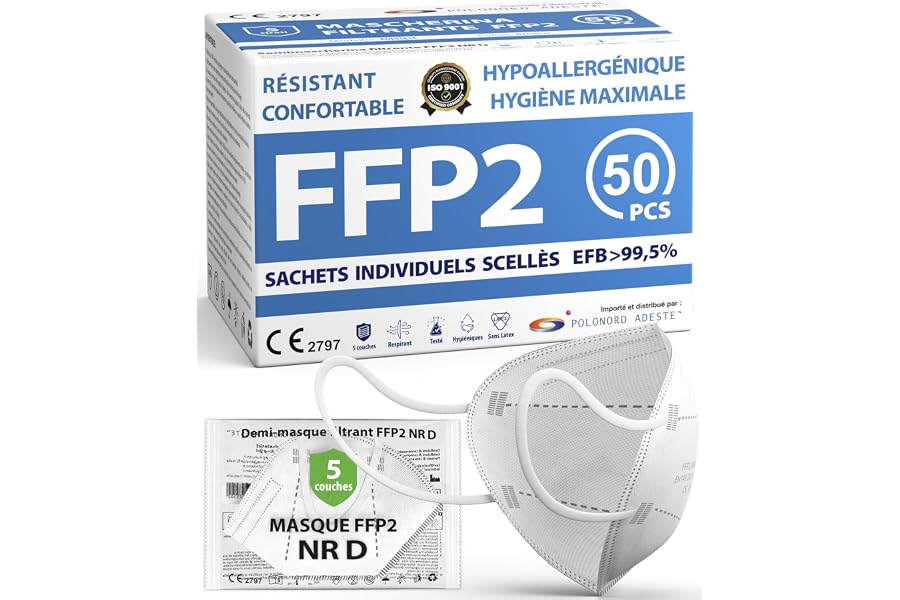 Polonord Adeste 50 Masques FFP2 Blancs Cert. CE | Emballage Individ. Scellé