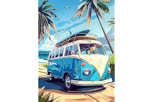 KEYIFA Plage Voiture Peinture par Numéros pour Adulte, Kits de Peinture au Numéro avec Acrylique et Pinceaux, DIY Creatif Toile Paint by Numbers Kits, Décoration de Maison 30x40cm