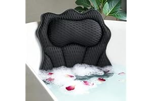 Joeyset Luxury Bathtub Pillow, 4D Air Mesh Fabric for Breathability & Quick-Drying, Extra Thick Spa Cushion for Head, Neck, Back Support, Non-Slip Tub Pillow with Strong Suction Cups (Black)