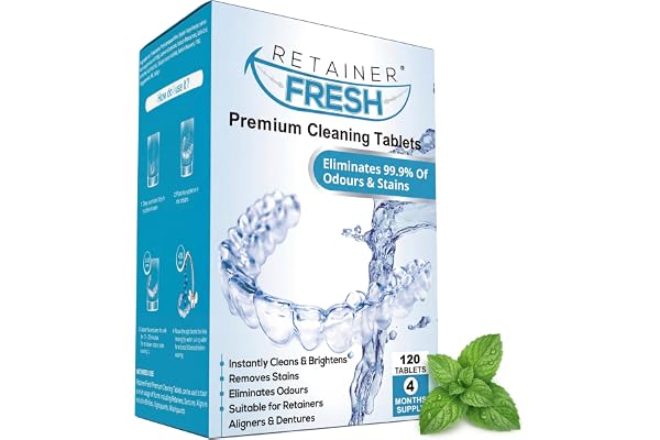 Retainer Fresh Tablettes de nettoyage Retainer - Tablette de nettoyage pour appareils orthodontiques et gouttières, prothèses dentaires & aligneurs - Brite et Stain Free 120 comprimés 4 mois
