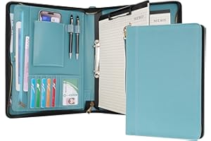 Wason A4 Portfolio with Zipper - Leather PU Padfolio with Detachable Ring Binder and Writing Notepad Holder, Conference File Multi-Pockets Organizer for Office Travel School (Cyan)