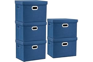TYEERS Grande Boîte de Rangement avec Couvercle, Tissu, Pliable, Lavable, Rangement Tissu, 44x30x29 cm, Lot de 5, Bleu Classique