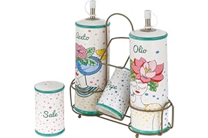 Baroni Home Menage Olio Aceto Sale Pepe in Ceramica con Stand in Metallo, Porta Condimenti, Accessori da Cucina Colorato Resistente, Linea Stylish, 21x7,5x22 cm
