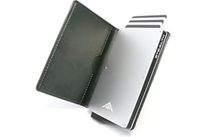 Stealth Wallet Porte Carte Bancaire RFID pour Homme - Porte-Cartes De Crédit avec Mécanisme Pop Up et Boîte Cadeau - Portefeuilles de Crédit Aluminium Minces (Aluminium Argent, Cuir Vert)