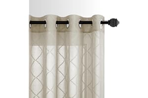 KOUFALL Transparente Vorhänge für Wohnzimmer, klassisches Besticktes Wellen-Diamantmuster, Fensterdekorationen in Leinenoptik, preiswerte Ösenvorhänge für Schlafzimmer, Braun, 244 cm lang, 2er-Set