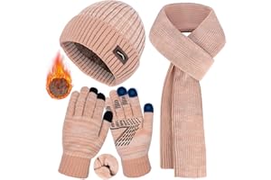 BITOYO Hiver Bonnet Gants Echarpe Femme - Chaud Bonnet Gants Tactiles Thermique 3 en 1 Tricotés Ensemble d'hiver, Doublure Polaire Bonnet Gant Hiver Laine Longue écharpe Cyclisme Ski Noel Femme Cadeaux