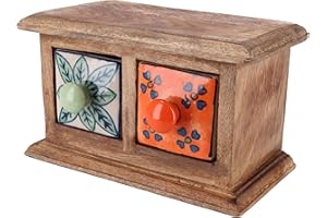 ‎GURU SHOP GURU SHOP Apothekerschränkchen mit Bunten Keramik Schubfächern, Gewürzkiste - 2 Fächer Modell 1, Braun, 11x17x10 cm, Dosen, Boxen & Schatullen