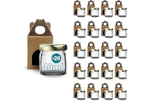 Espirito Rebelde 20 barattoli vuoti in vetro con coperchio da 40 ml con 20 barattoli di cartone per 1 barattolo di marmellata, con coperchio a vite dorato, per marmellate, conserve, miele