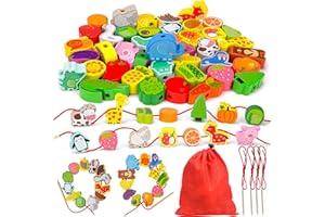GEEKEO Perles en Bois Enfants Jouets, 42pièces Jouets de Filetage en Bois avec Perles Animaux Montessori Fine Jouets Éducatifs Anniversaire Cadeau pour Garçons Filles 2 3 4 Ans