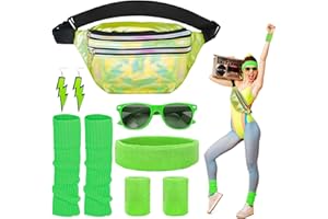 above zero 80er Jahre Outfit Damen 80er Jahre Kleidung Damen Set 80er Jahre Accessoires Mit Bauchtasche ArmbäNder, Neon Stirnband Und Neon Brille für 80er 90er Party Karneval