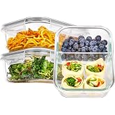 Vtopmart 3 Packs Glass Tupper with 2 Compartments 33 fl oz | Airtight Glass Containers with Lids, Reusable, Dishwasher and Mi