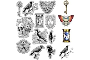 CRASPIRE Crow Clear Rubber Stamps Skull Moths Flowers Skulls Hourglass Keys Gothic Vintage Transparent Silicone Stamp Seals for Journaling Card Making Handmade Photo Album Notebook Decor Scrapbooking