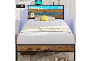 ‎AOGLLATI Bett 90x200 mit Lattenrost aus Metall, Bettgestell Metallbett mit Steckdose und USB-Ladefunktion Doppelbett mit Stauraum Bodenbett Jugendbett Bettrahmen für Schlafzimmer und Gästezimmer (90x200cm)