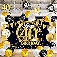 Blulu Happy 40th Birthday Party Decorations Kit, Black & Gold Glittery Backdrop Banner, Swirls Balloons, 45 Balloons (3 Colors), 40th Birthday Party Supplies