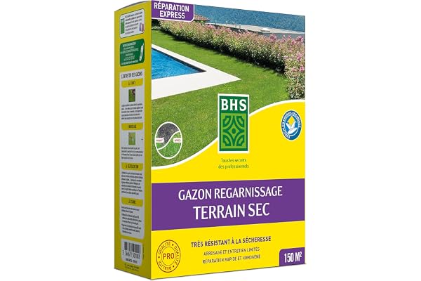 BHS Gazon Regarnissage Terrain Sec - 3kg - 150 m² - Gazon plus résistant et mieux protégé - Bonne Pérennité et Résistance Aux Piétinements GRTS3