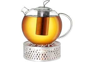 Creano Dzbanek do herbaty ze szkła Jumbo 2,0 l + podgrzewacz ze stali nierdzewnej, 3-częściowy szklany dzbanek do herbaty z wbudowanym sitkiem ze stali nierdzewnej i szklaną pokrywką, idealny do
